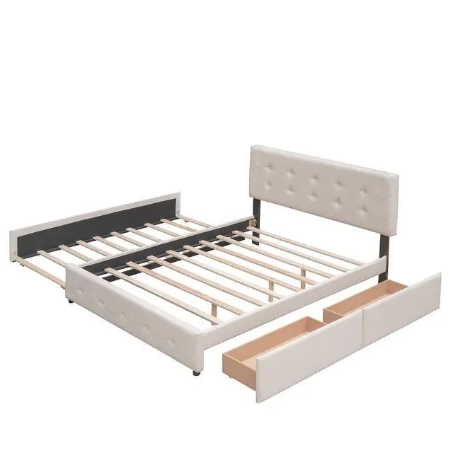 Alt view image 5 of 7 - Queen Size Platform Bed with Twin XL Trundle and 2 Drawers, Linen Upholstered Bed Frame with Solid Wooden Slats, Double Bed with Button Tufted Headboard and Footboard, No Box Spring Needed, Beige