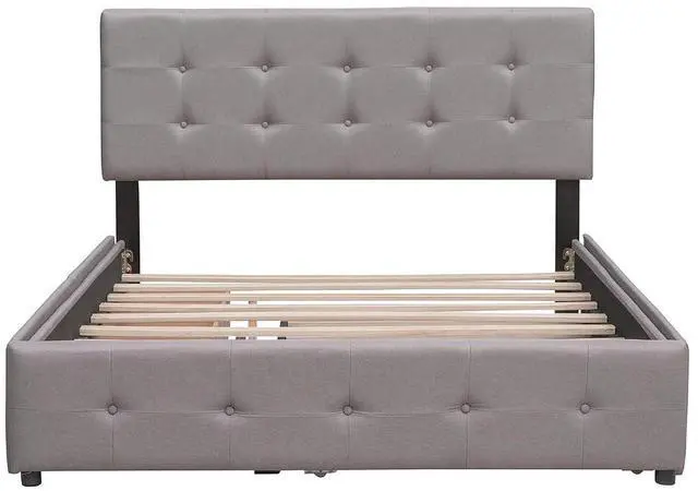 Alt view image 6 of 7 - Queen Size Platform Bed with Twin XL Trundle and 2 Drawers, Linen Upholstered Bed Frame with Solid Wooden Slats, Double Bed with Button Tufted Headboard and Footboard, No Box Spring Needed, Light Gray