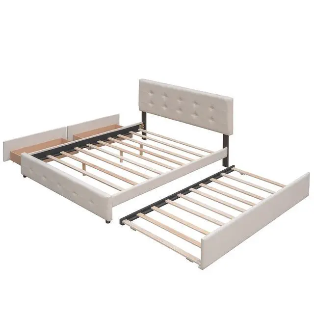Alt view image 6 of 7 - Queen Size Platform Bed with Twin XL Trundle and 2 Drawers, Linen Upholstered Bed Frame with Solid Wooden Slats, Double Bed with Button Tufted Headboard and Footboard, No Box Spring Needed, Beige