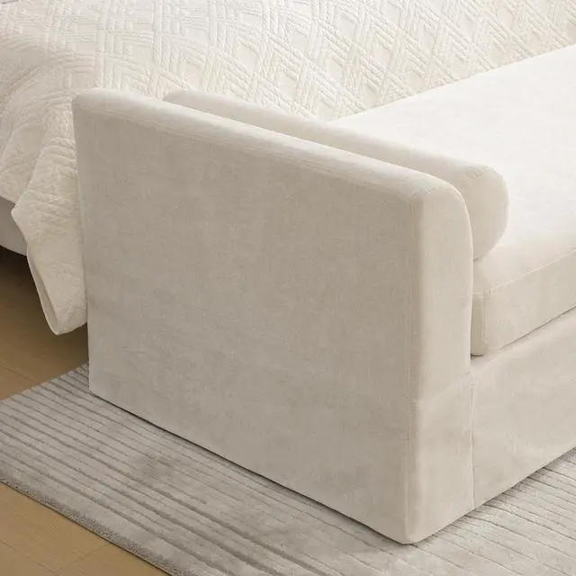 Alt view image 6 of 7 - 88.5" End of Bed Bench with Hidden Foot, Extra Large Couch Ottoman with Armrest, Chenille Upholstered Chaise Lounge with Rolled Pillows, Footstool For Living Room, Entryway, Dormitory, Bedroom, Beige