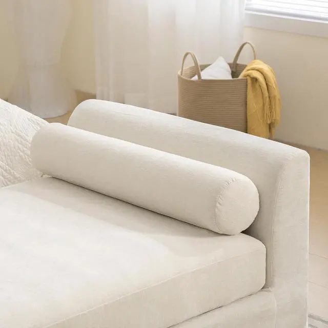 Alt view image 7 of 7 - 88.5" End of Bed Bench with Hidden Foot, Extra Large Couch Ottoman with Armrest, Chenille Upholstered Chaise Lounge with Rolled Pillows, Footstool For Living Room, Entryway, Dormitory, Bedroom, Beige