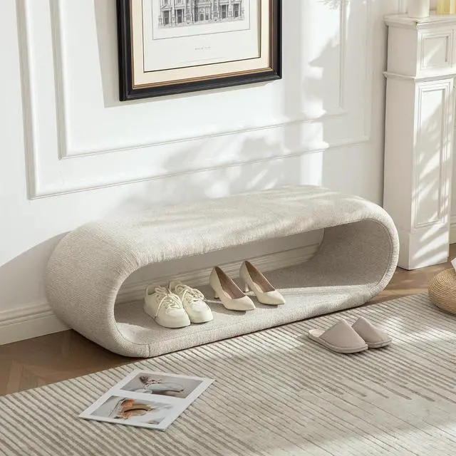 Main image of 52.17" Chenille Upholstered Entryway Bench, Modern Wide End of Bed Bench, Footrest with Solid Iron Frame, Soft Window Foot Stool for Dining Room, Living Room, Bedroom, Wheat
