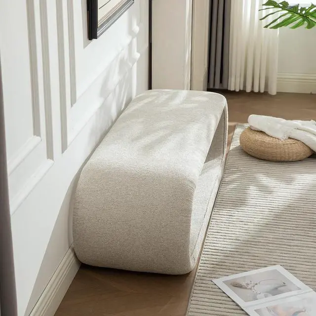Alt view image 4 of 7 - 52.17" Chenille Upholstered Entryway Bench, Modern Wide End of Bed Bench, Footrest with Solid Iron Frame, Soft Window Foot Stool for Dining Room, Living Room, Bedroom, Wheat