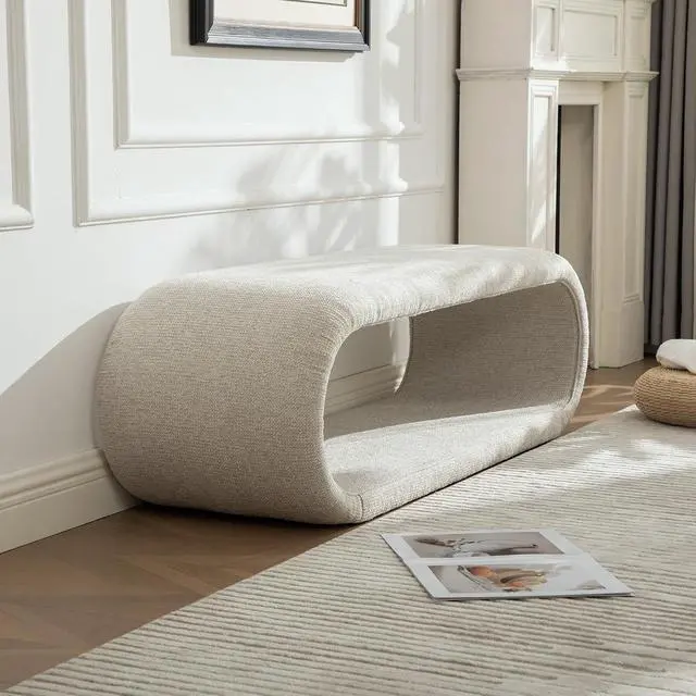 Alt view image 3 of 7 - 52.17" Chenille Upholstered Entryway Bench, Modern Wide End of Bed Bench, Footrest with Solid Iron Frame, Soft Window Foot Stool for Dining Room, Living Room, Bedroom, Wheat