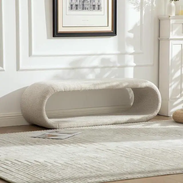 Alt view image 5 of 7 - 52.17" Chenille Upholstered Entryway Bench, Modern Wide End of Bed Bench, Footrest with Solid Iron Frame, Soft Window Foot Stool for Dining Room, Living Room, Bedroom, Wheat