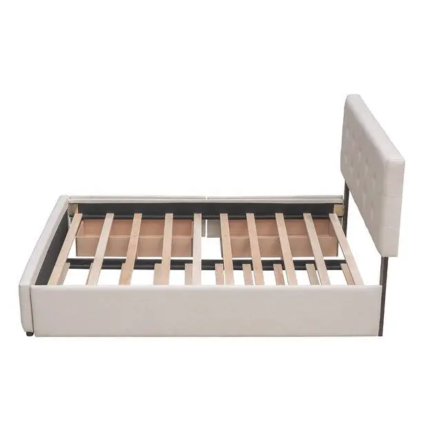 Alt view image 7 of 7 - Queen Size Platform Bed with Twin XL Trundle and 2 Drawers, Linen Upholstered Bed Frame with Solid Wooden Slats, Double Bed with Button Tufted Headboard and Footboard, No Box Spring Needed, Beige