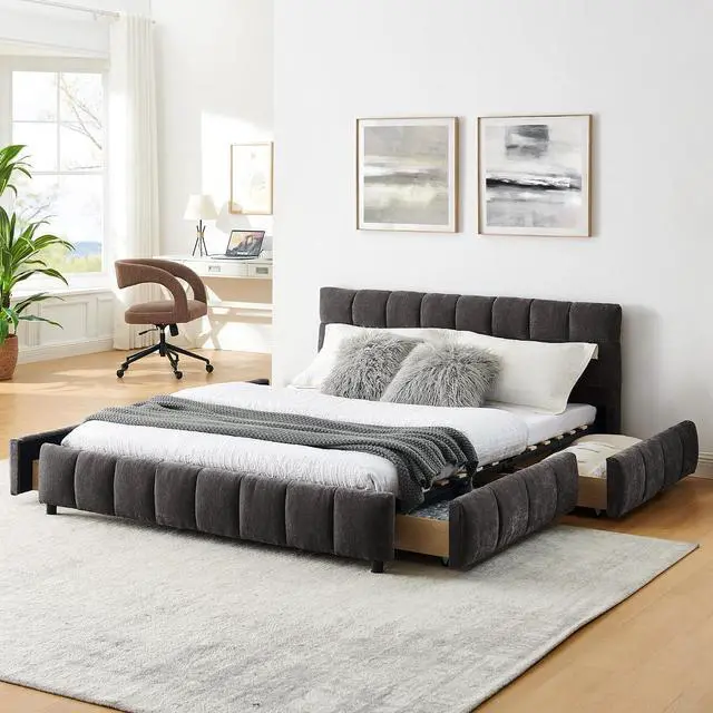 Main image of Queen Size Cloud Bed Frame with Storage Drawers, Chenille Upholstered Platform Bed with Headboard and Solid Frame,Grounded Double Bed with Solid Wooden Slats Support, No Box Spring Needed, Dark Gray