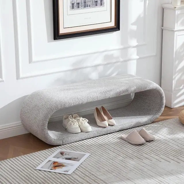 Main image of 52.17" Chenille Upholstered Entryway Bench, Modern Wide End of Bed Bench, Footrest with Solid Iron Frame, Soft Window Foot Stool for Dining Room, Living Room, Bedroom, Light Brown