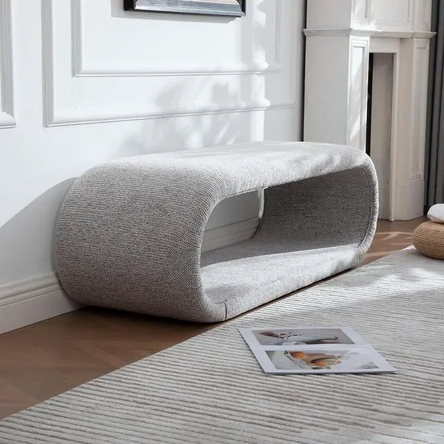 Alt view image 3 of 7 - 52.17" Chenille Upholstered Entryway Bench, Modern Wide End of Bed Bench, Footrest with Solid Iron Frame, Soft Window Foot Stool for Dining Room, Living Room, Bedroom, Light Brown