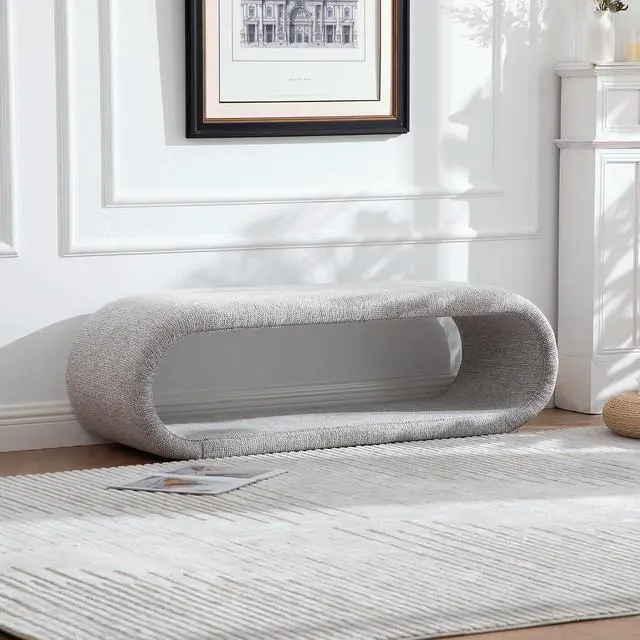 Alt view image 5 of 7 - 52.17" Chenille Upholstered Entryway Bench, Modern Wide End of Bed Bench, Footrest with Solid Iron Frame, Soft Window Foot Stool for Dining Room, Living Room, Bedroom, Light Brown