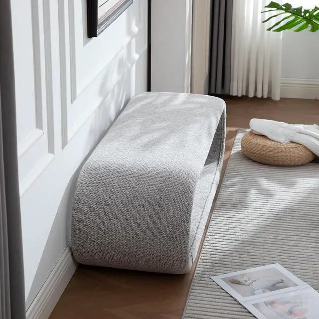 Alt view image 4 of 7 - 52.17" Chenille Upholstered Entryway Bench, Modern Wide End of Bed Bench, Footrest with Solid Iron Frame, Soft Window Foot Stool for Dining Room, Living Room, Bedroom, Light Brown