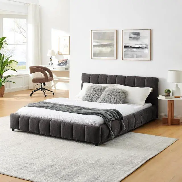 Alt view image 3 of 5 - Queen Size Cloud Bed Frame with Storage Drawers, Chenille Upholstered Platform Bed with Headboard and Solid Frame,Grounded Double Bed with Solid Wooden Slats Support, No Box Spring Needed, Dark Gray