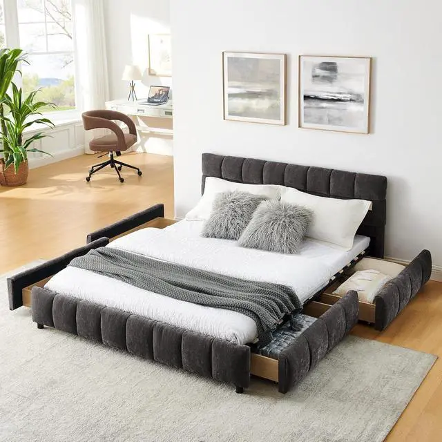 Alt view image 4 of 5 - Queen Size Cloud Bed Frame with Storage Drawers, Chenille Upholstered Platform Bed with Headboard and Solid Frame,Grounded Double Bed with Solid Wooden Slats Support, No Box Spring Needed, Dark Gray