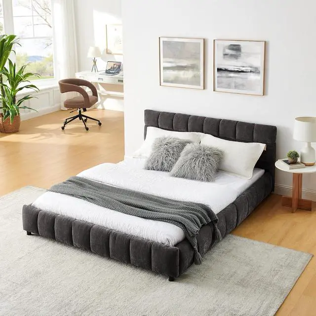 Alt view image 5 of 5 - Queen Size Cloud Bed Frame with Storage Drawers, Chenille Upholstered Platform Bed with Headboard and Solid Frame,Grounded Double Bed with Solid Wooden Slats Support, No Box Spring Needed, Dark Gray
