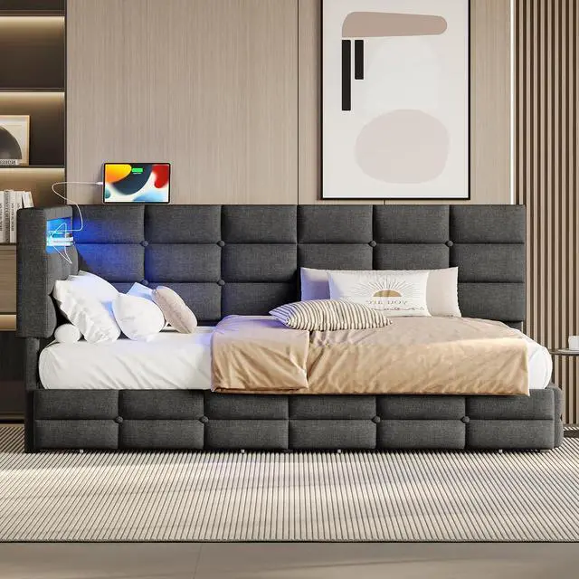Alt view image 3 of 7 - L Shaped Twin Daybed Frame with Storage, Upholstered Daybed with 2 Drawers and Charging Station, Corner Day Bed Frame with LED Lights and Storage Headboard, No Box-Spring Needed, Black