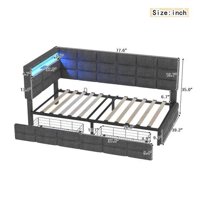 Alt view image 2 of 7 - L Shaped Twin Daybed Frame with Storage, Upholstered Daybed with 2 Drawers and Charging Station, Corner Day Bed Frame with LED Lights and Storage Headboard, No Box-Spring Needed, Black