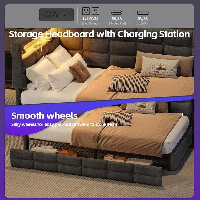 Alt view image 4 of 7 - L Shaped Twin Daybed Frame with Storage, Upholstered Daybed with 2 Drawers and Charging Station, Corner Day Bed Frame with LED Lights and Storage Headboard, No Box-Spring Needed, Black