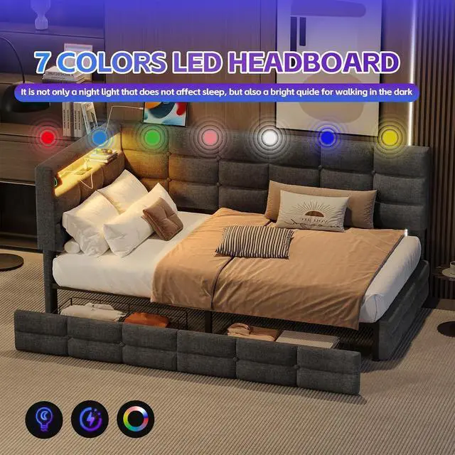 Alt view image 5 of 7 - L Shaped Twin Daybed Frame with Storage, Upholstered Daybed with 2 Drawers and Charging Station, Corner Day Bed Frame with LED Lights and Storage Headboard, No Box-Spring Needed, Black