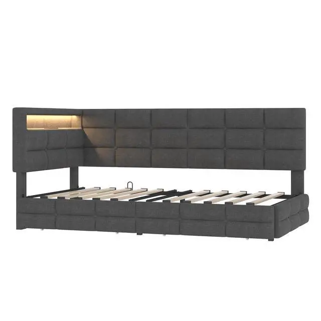 Alt view image 6 of 7 - L Shaped Twin Daybed Frame with Storage, Upholstered Daybed with 2 Drawers and Charging Station, Corner Day Bed Frame with LED Lights and Storage Headboard, No Box-Spring Needed, Black