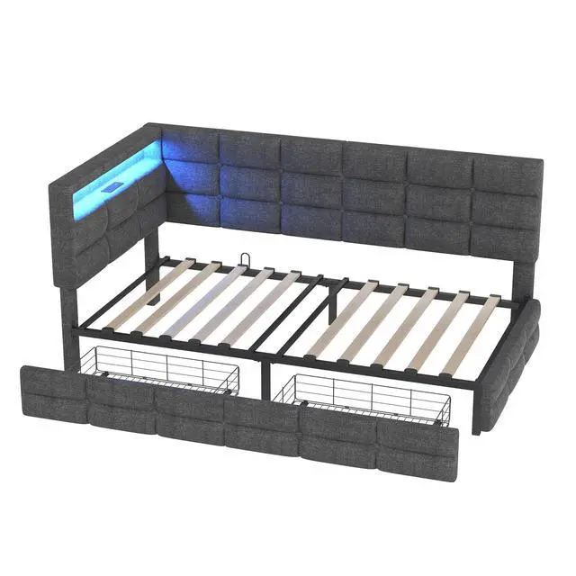 Alt view image 7 of 7 - L Shaped Twin Daybed Frame with Storage, Upholstered Daybed with 2 Drawers and Charging Station, Corner Day Bed Frame with LED Lights and Storage Headboard, No Box-Spring Needed, Black