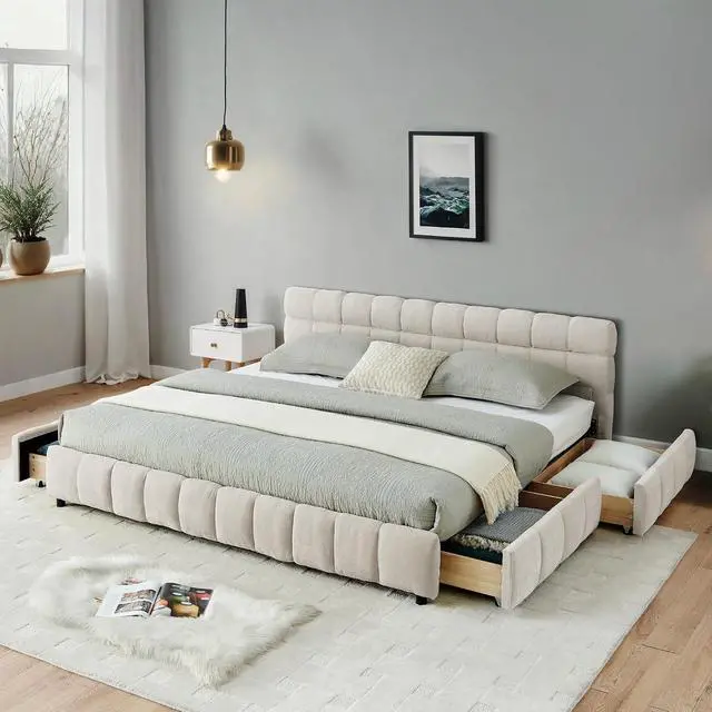 Alt view image 2 of 7 - California King Platform Bed Frame with 4 Drawers, Chenille Upholstered Bed with Storage Underneath, Luxury Floor Double Bed with Headboard and Solid Wooden Slat Support, Bedroom Furniture,Beige