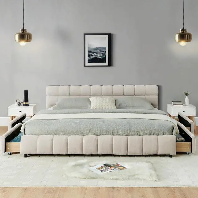 Alt view image 3 of 7 - California King Platform Bed Frame with 4 Drawers, Chenille Upholstered Bed with Storage Underneath, Luxury Floor Double Bed with Headboard and Solid Wooden Slat Support, Bedroom Furniture,Beige