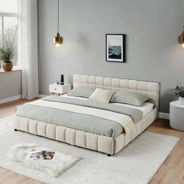 Alt view image 5 of 7 - California King Platform Bed Frame with 4 Drawers, Chenille Upholstered Bed with Storage Underneath, Luxury Floor Double Bed with Headboard and Solid Wooden Slat Support, Bedroom Furniture,Beige