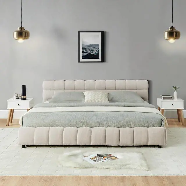 Alt view image 6 of 7 - California King Platform Bed Frame with 4 Drawers, Chenille Upholstered Bed with Storage Underneath, Luxury Floor Double Bed with Headboard and Solid Wooden Slat Support, Bedroom Furniture,Beige
