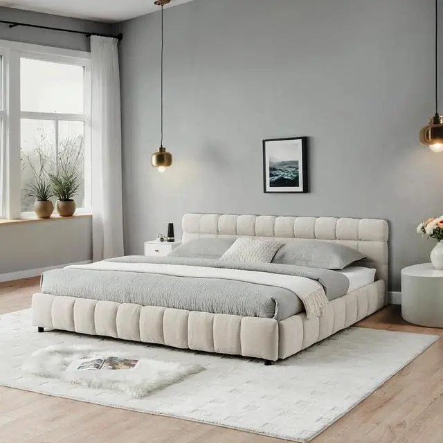 Alt view image 4 of 7 - California King Platform Bed Frame with 4 Drawers, Chenille Upholstered Bed with Storage Underneath, Luxury Floor Double Bed with Headboard and Solid Wooden Slat Support, Bedroom Furniture,Beige