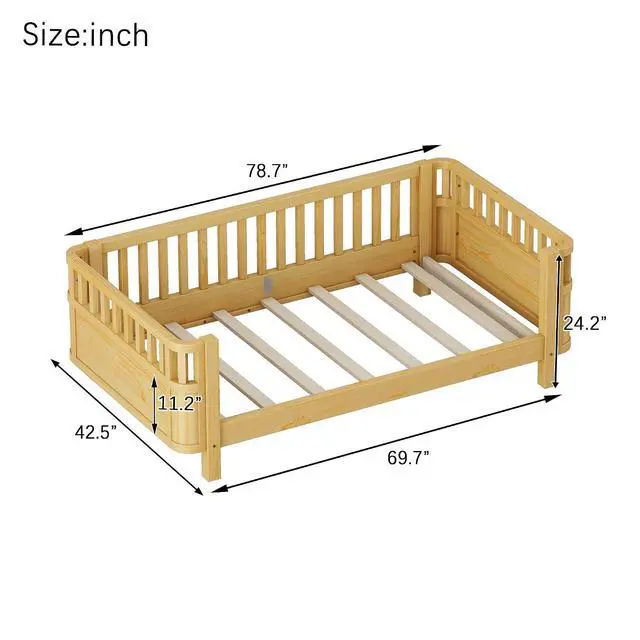 Alt view image 2 of 7 - Twin Size Wood Platform Bed, Wooden Daybed with Removable Bed Rails, Low Profile Montessori Bed with Rails for Girls and Boys Bedroom, Living Room, No Box Spring Needed, Natural