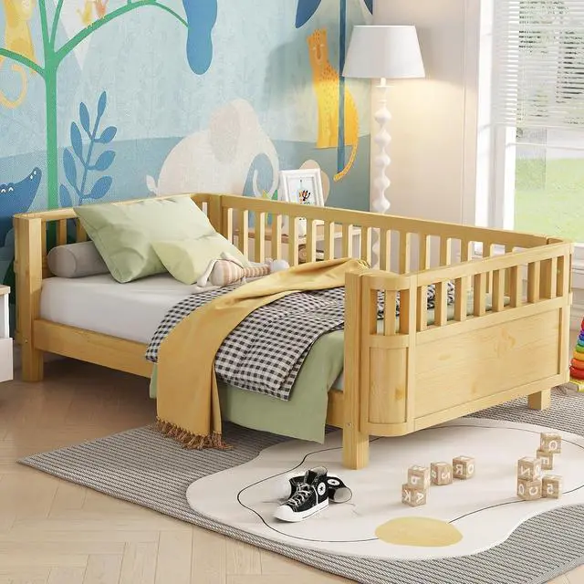Main image of Twin Size Wood Platform Bed, Wooden Daybed with Removable Bed Rails, Low Profile Montessori Bed with Rails for Girls and Boys Bedroom, Living Room, No Box Spring Needed, Natural