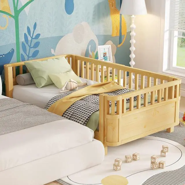 Alt view image 4 of 7 - Twin Size Wood Platform Bed, Wooden Daybed with Removable Bed Rails, Low Profile Montessori Bed with Rails for Girls and Boys Bedroom, Living Room, No Box Spring Needed, Natural