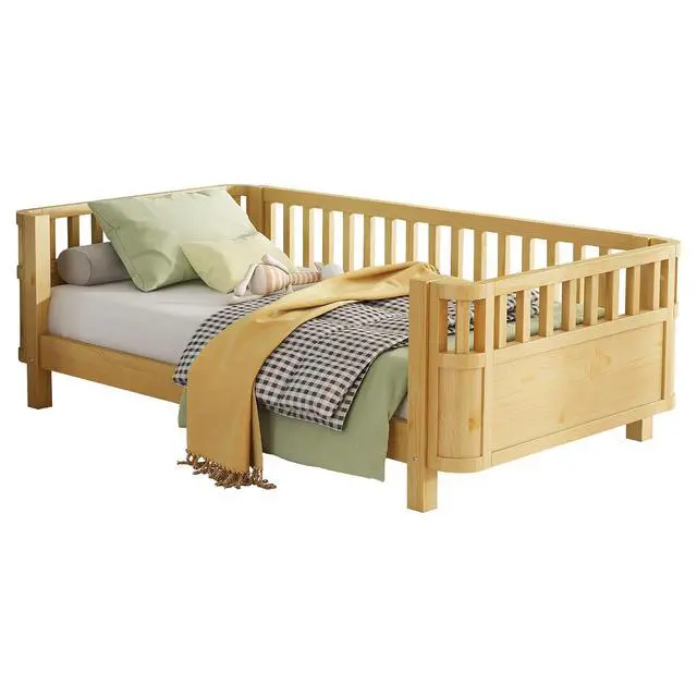 Alt view image 6 of 7 - Twin Size Wood Platform Bed, Wooden Daybed with Removable Bed Rails, Low Profile Montessori Bed with Rails for Girls and Boys Bedroom, Living Room, No Box Spring Needed, Natural