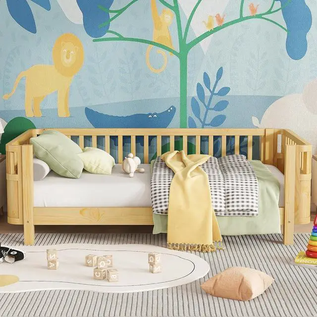 Alt view image 3 of 7 - Twin Size Wood Platform Bed, Wooden Daybed with Removable Bed Rails, Low Profile Montessori Bed with Rails for Girls and Boys Bedroom, Living Room, No Box Spring Needed, Natural