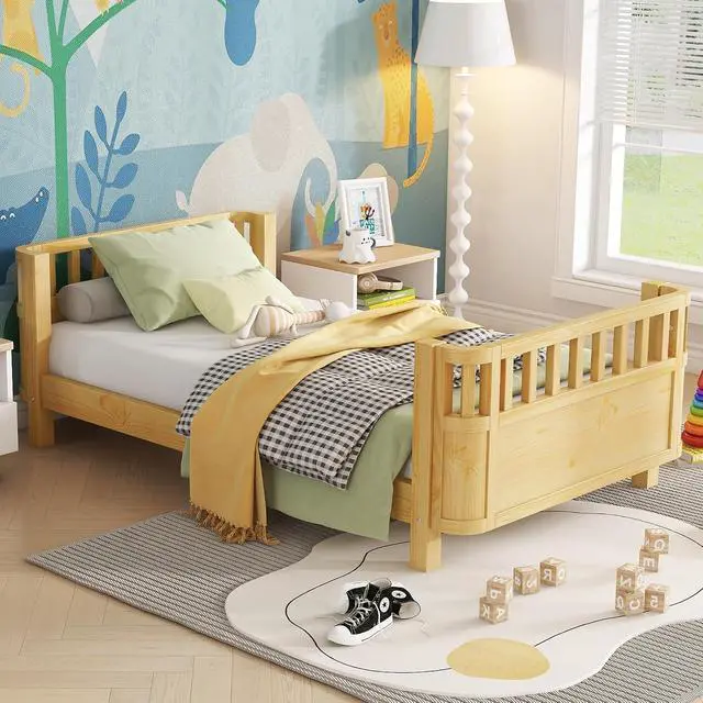 Alt view image 5 of 7 - Twin Size Wood Platform Bed, Wooden Daybed with Removable Bed Rails, Low Profile Montessori Bed with Rails for Girls and Boys Bedroom, Living Room, No Box Spring Needed, Natural