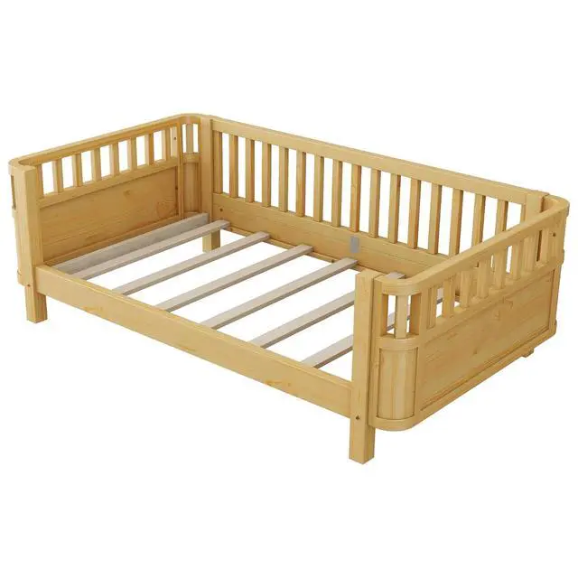 Alt view image 7 of 7 - Twin Size Wood Platform Bed, Wooden Daybed with Removable Bed Rails, Low Profile Montessori Bed with Rails for Girls and Boys Bedroom, Living Room, No Box Spring Needed, Natural