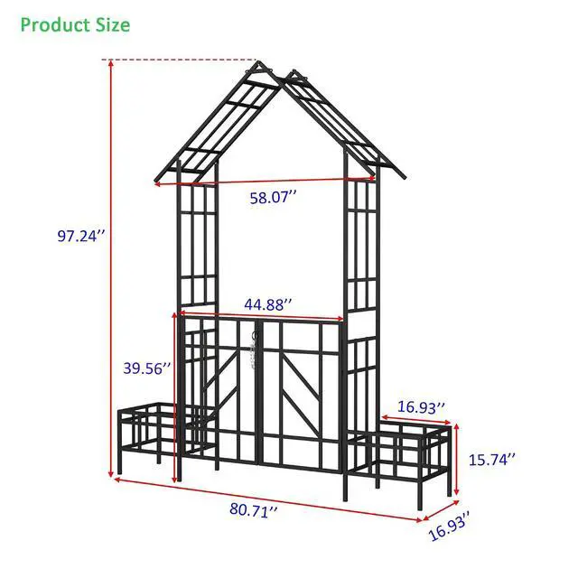 Alt view image 2 of 6 - Metal Garden Arbor with Gate and Planter Box, Garden Trellis for Climbing Plants Outdoor, W6.7*H8.1 Wedding Trellis Arch for Lawn, Patio, Backyard, Party, Ceremony Decoration, Black