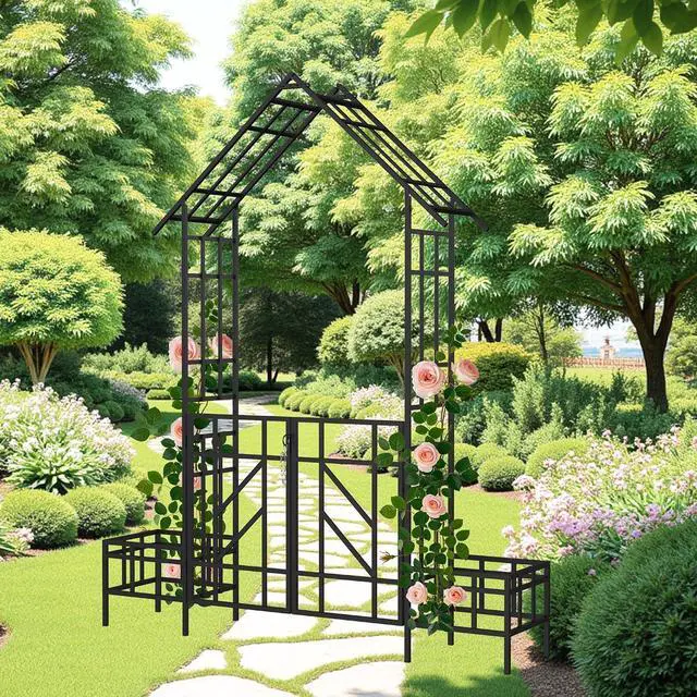 Main image of Metal Garden Arbor with Gate and Planter Box, Garden Trellis for Climbing Plants Outdoor, W6.7*H8.1 Wedding Trellis Arch for Lawn, Patio, Backyard, Party, Ceremony Decoration, Black