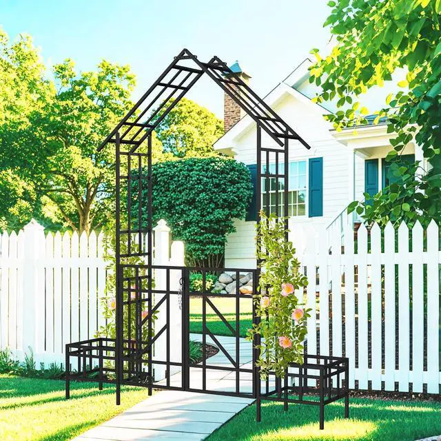 Alt view image 3 of 6 - Metal Garden Arbor with Gate and Planter Box, Garden Trellis for Climbing Plants Outdoor, W6.7*H8.1 Wedding Trellis Arch for Lawn, Patio, Backyard, Party, Ceremony Decoration, Black
