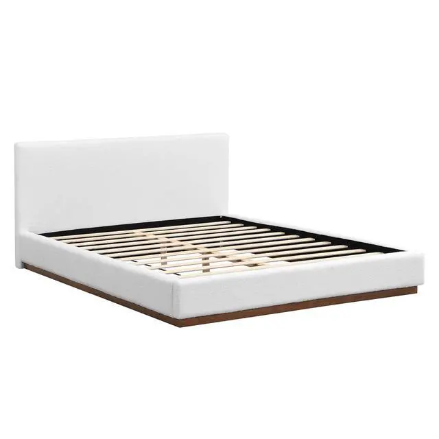 Alt view image 3 of 7 - Queen Size Floor Bed with Solid Wood Base, Elegant Boucle Upholstered Bedframe, Modern Luxury Double Bed, Cushioned Bedroom Furniture, No Box Spring Needed, Noise-Free, White