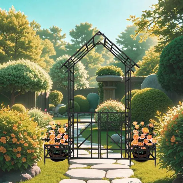 Alt view image 4 of 6 - Metal Garden Arbor with Gate and Planter Box, Garden Trellis for Climbing Plants Outdoor, W6.7*H8.1 Wedding Trellis Arch for Lawn, Patio, Backyard, Party, Ceremony Decoration, Black