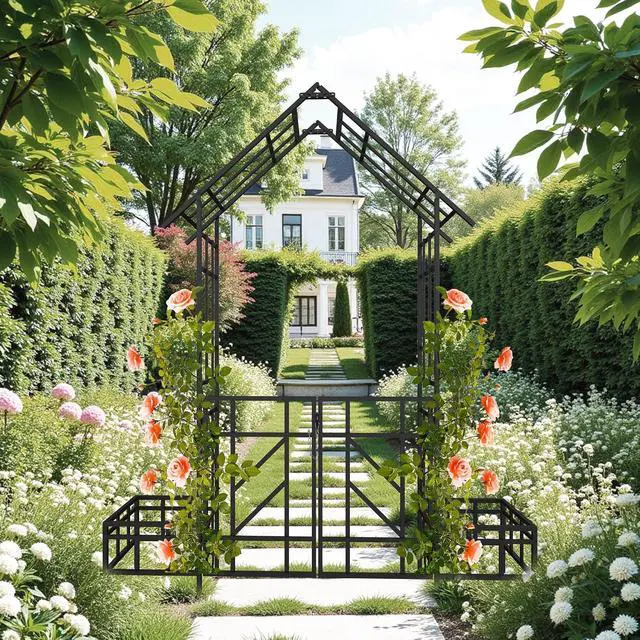 Alt view image 5 of 6 - Metal Garden Arbor with Gate and Planter Box, Garden Trellis for Climbing Plants Outdoor, W6.7*H8.1 Wedding Trellis Arch for Lawn, Patio, Backyard, Party, Ceremony Decoration, Black