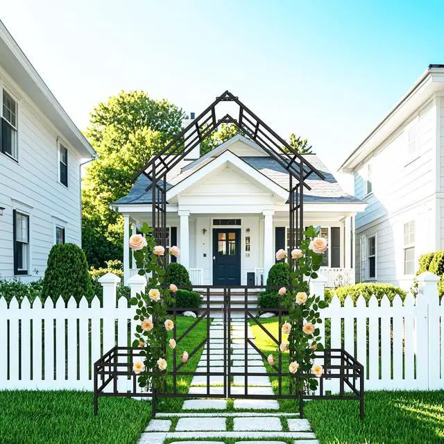 Alt view image 6 of 6 - Metal Garden Arbor with Gate and Planter Box, Garden Trellis for Climbing Plants Outdoor, W6.7*H8.1 Wedding Trellis Arch for Lawn, Patio, Backyard, Party, Ceremony Decoration, Black