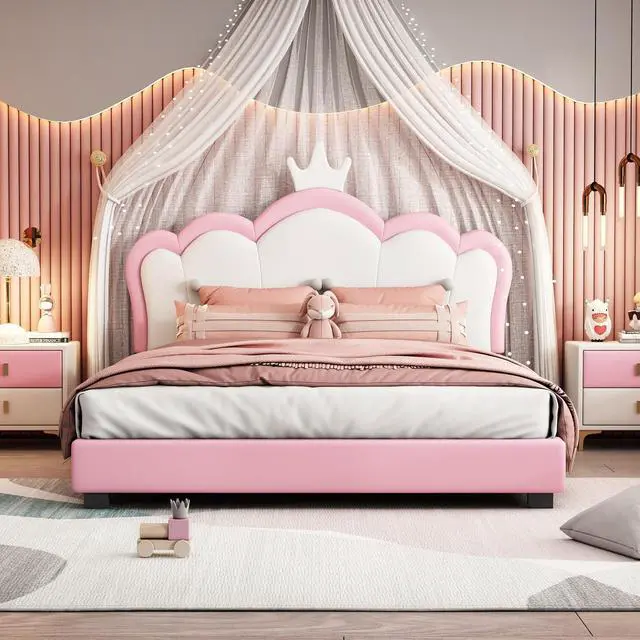 Main image of Full Size Upholstered Platform Bed with Crown Headboard, Solid Pine Wood Frame, Solid Pine Wood Platform Bed with Footboard, No Box Spring Needed