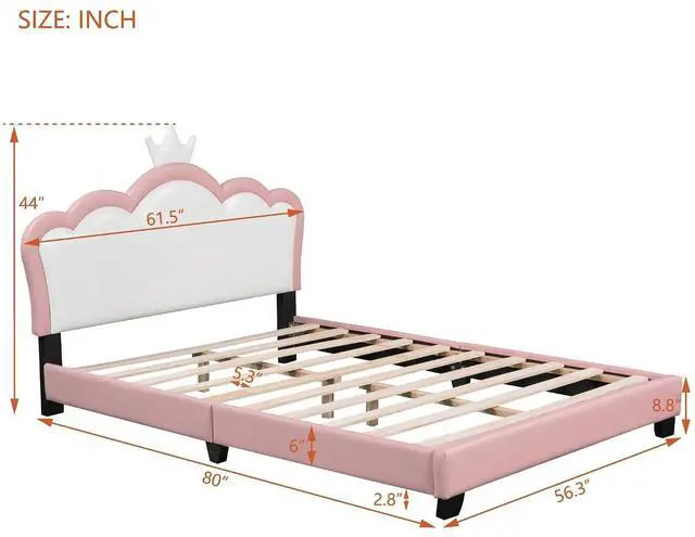Alt view image 2 of 7 - Full Size Upholstered Platform Bed with Crown Headboard, Solid Pine Wood Frame, Solid Pine Wood Platform Bed with Footboard, No Box Spring Needed