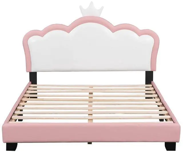 Alt view image 4 of 7 - Full Size Upholstered Platform Bed with Crown Headboard, Solid Pine Wood Frame, Solid Pine Wood Platform Bed with Footboard, No Box Spring Needed