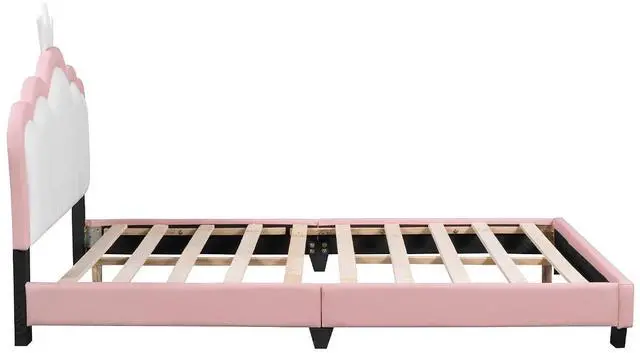 Alt view image 6 of 7 - Full Size Upholstered Platform Bed with Crown Headboard, Solid Pine Wood Frame, Solid Pine Wood Platform Bed with Footboard, No Box Spring Needed
