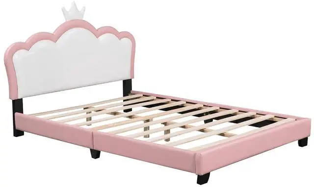 Alt view image 5 of 7 - Full Size Upholstered Platform Bed with Crown Headboard, Solid Pine Wood Frame, Solid Pine Wood Platform Bed with Footboard, No Box Spring Needed