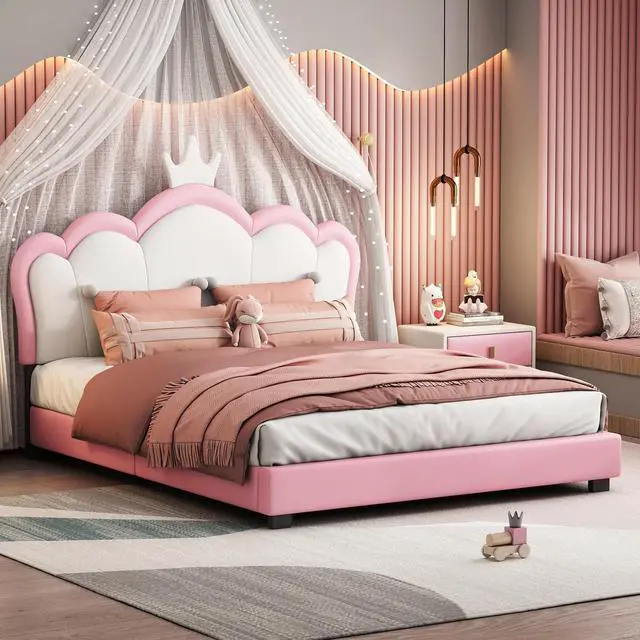 Alt view image 3 of 7 - Full Size Upholstered Platform Bed with Crown Headboard, Solid Pine Wood Frame, Solid Pine Wood Platform Bed with Footboard, No Box Spring Needed