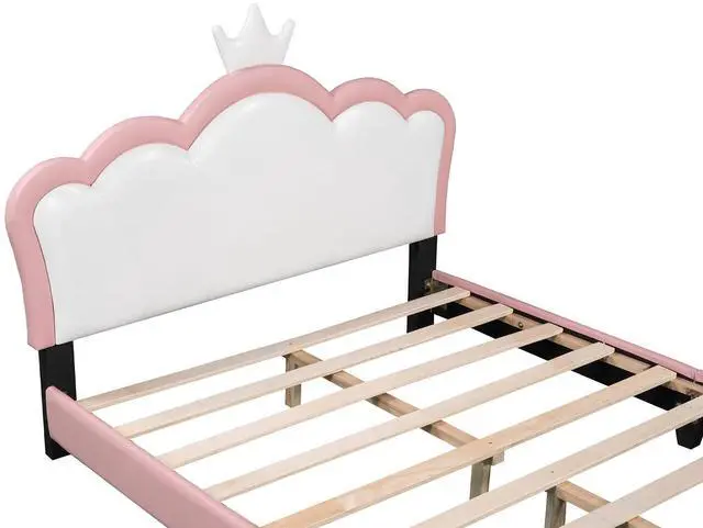 Alt view image 7 of 7 - Full Size Upholstered Platform Bed with Crown Headboard, Solid Pine Wood Frame, Solid Pine Wood Platform Bed with Footboard, No Box Spring Needed